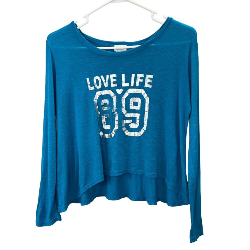 LoLo Loose Flowy Top Cropped Love Life 89 Aqua Blue size L Long Sleeve Y2K